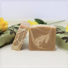 By the Sea Soap Shoppe Great Goat Soap is light brown with a random lighter pattern throughout. As the name says, it is made with goat milk which brings all its benefits for your skin. It comes with a delightful Oatmeal, Milk and Honey fragrance. $7.00 each. 