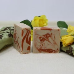 By the Sea Soap Shoppe soap is an off-white/pinkish colour with rusty red swirls. Smells just like a pumpkin pie! Castor oil for extra moisturizing. Natural ingredients, vegan, $7.00 or 3 for $20.00. Handmade in Prince Edward Island, Canada