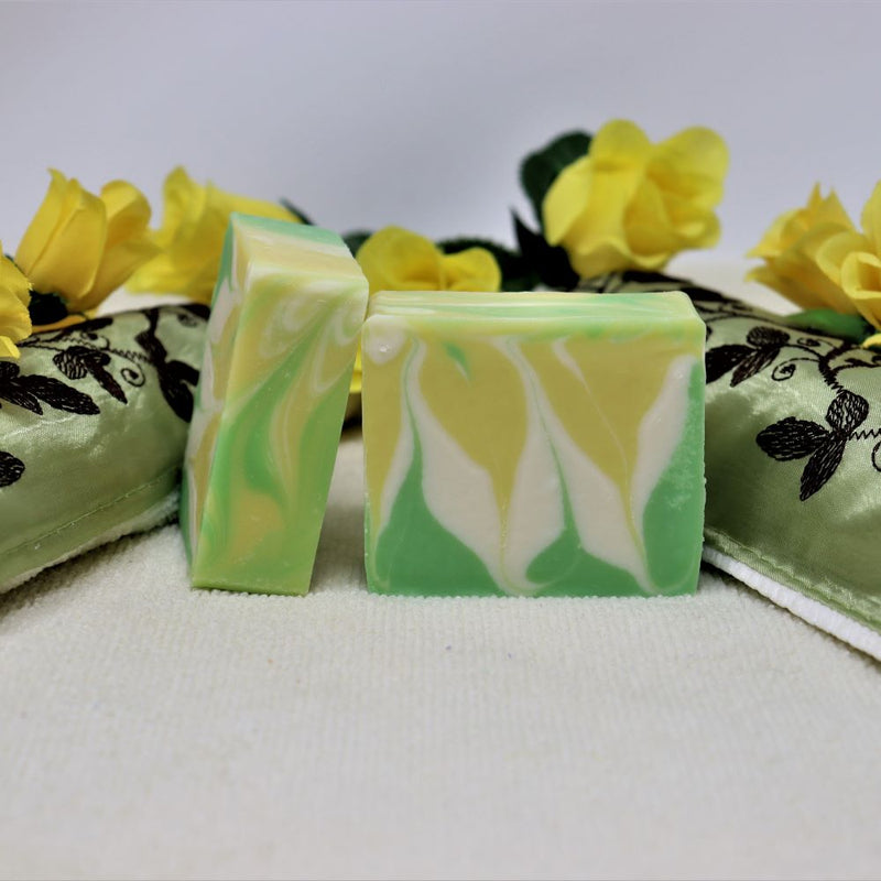 By the Sea Soap Shoppe bar soap called Lemon Sage and Ginger. Bar is white with a yellow and green leafy design. Fragrance is lovely, with lemongrass, sage, ginger and geranium. Vegan, natural ingredients, moisturizing, lathering. $7.00 or 3 for $20.00. Handmade in Prince Edward Island, Canada