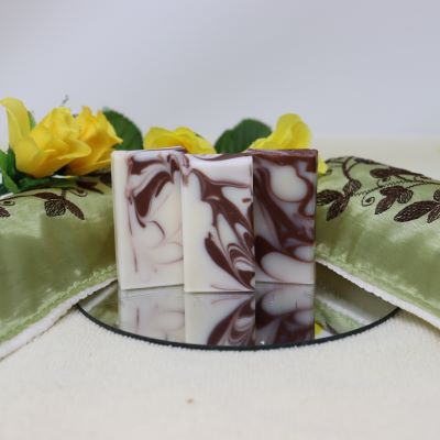 By the Sea Soap Shoppe Patchouli soap is the perfect size for travel. It is white with brown swirls. Contains Patchouli Essential oil, as well as Sweet Almond oil, Shea butter and Castor oil. This calming soap can help relieve anxiety and anger. Vegan, all natural ingredients. Handmade in Prince Edward Island. $3.00