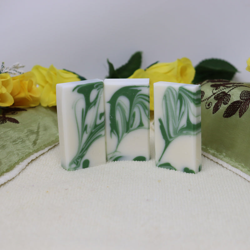 By the Sea Soap Shoppe "Australian Eucalyptus" mini bar soaps. White with green swirls. With Eucalyptus essential oil, castor oil and cocoa butter. Vegan, natural ingredients, handmade in Prince Edward Island Canada. $7.00 each, 3 for $20.00